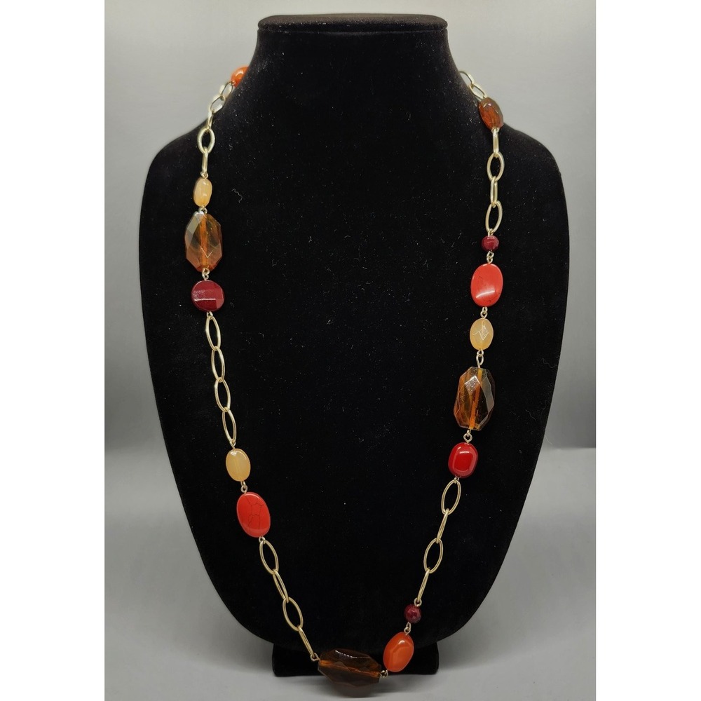 Liz Claiborne Long Station Necklace 32in Gold Tone Multi Color Beaded Toggle